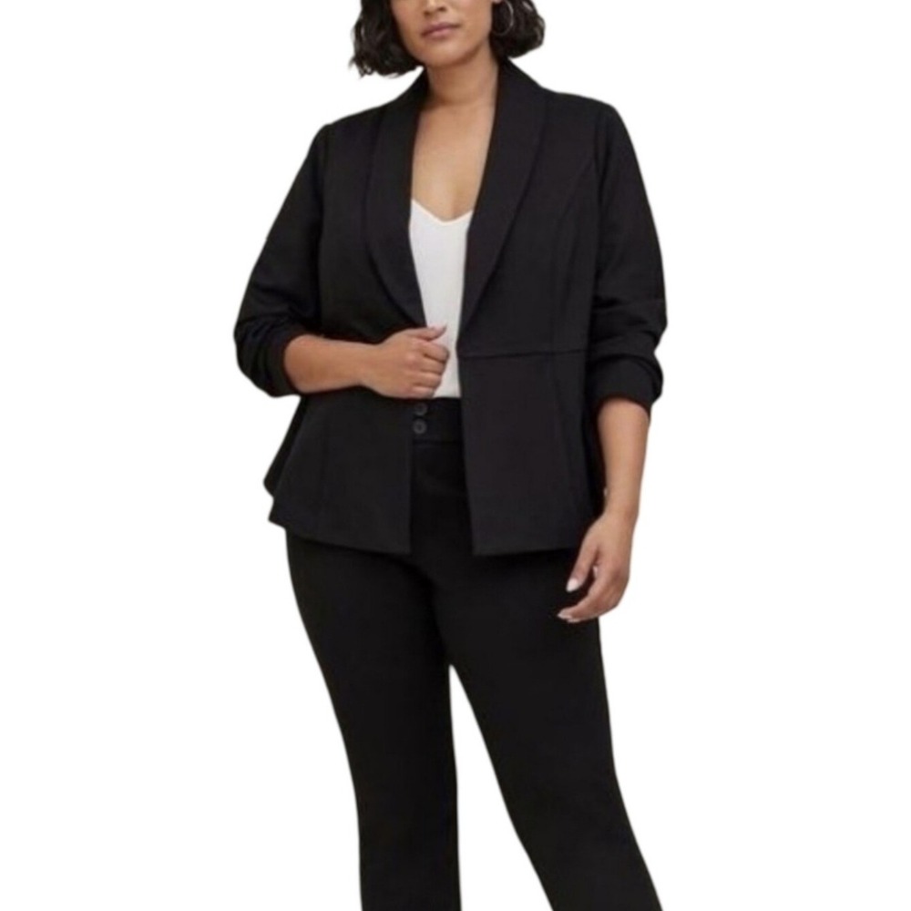 Torrid Studio Black Ponte Peplum Blazer Shawl‎ Collar Plus Size 1X Lined Stretch